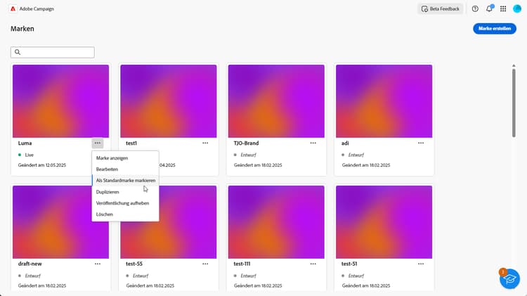 Erweiterte Menüoptionen im Marken-Dashboard