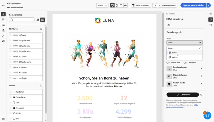 Menü des KI-Assistenten mit Dropdown-Liste „Marke“