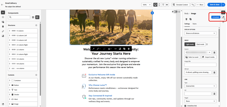 Screenshot mit Auswahl der Textkomponente in Adobe Campaign Web