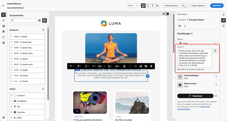 Screenshot mit der Prompt-Bibliothek in Adobe Campaign Web