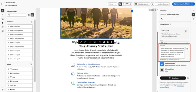 Screenshot mit der Prompt-Bibliothek für die Bildgenerierung in Adobe Campaign Web
