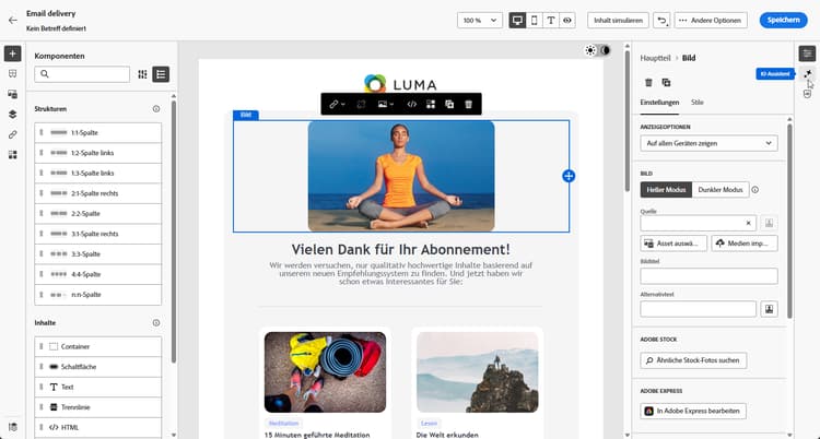 Screenshot mit dem Menü „KI-Assistent“ für die Bildgenerierung in Adobe Campaign Web