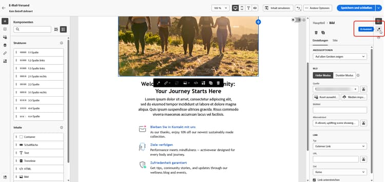 Screenshot mit Auswahl der Textkomponente in Adobe Campaign Web