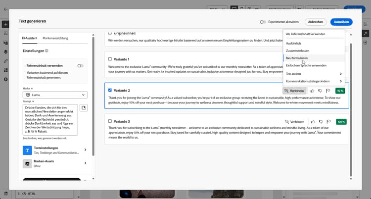 Screenshot mit Verfeinerungsoptionen in Adobe Campaign Web