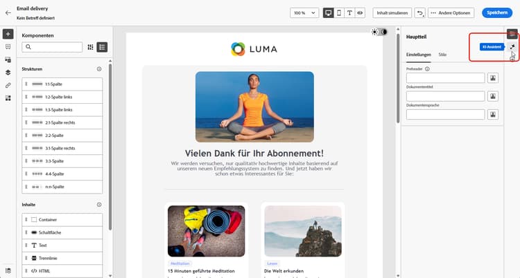 Screenshot des Menüs „KI-Assistent“ in Adobe Campaign Web