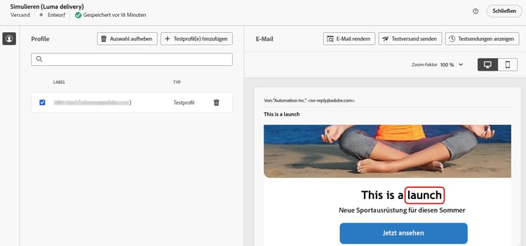 Screenshot der Simulation von Inhalten mit der Variablen „deliveryType“