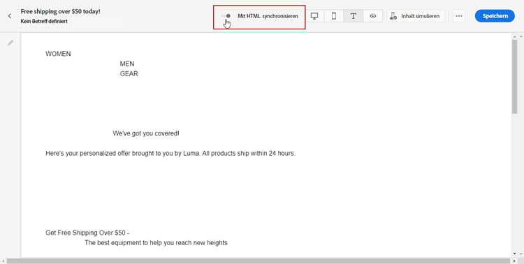 Screenshot mit dem Umschalter „Mit HTML synchronisieren“ auf der Registerkarte „Nur Text“