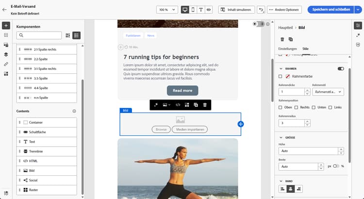 Screenshot mit der Option „Durchsuchen“ für Bildkomponenten im E-Mail-Designer