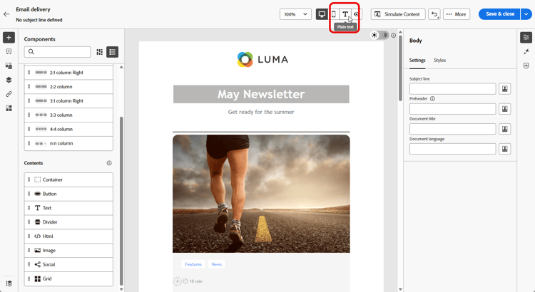 Screenshot mit der Registerkarte „Nur Teyt“ in der Benutzeroberfläche des E-Mail-Designers