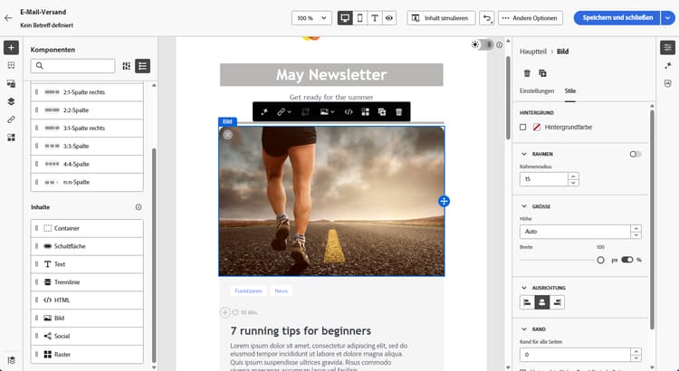 Screenshot mit der Registerkarte „Einstellungen“ für Bildkomponenten im E-Mail-Designer