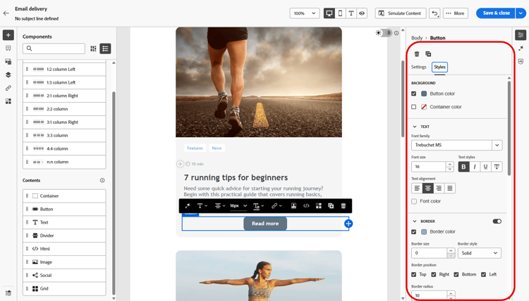 Screenshot mit der Registerkarte „Einstellungen“ für Inhaltskomponenten im E-Mail-Designer