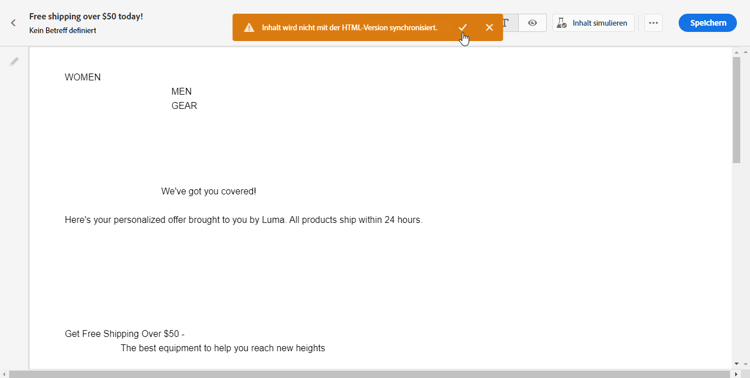 Screenshot mit der Häkchenschaltfläche zur Bestätigung der Deaktivierung der Synchronisierung