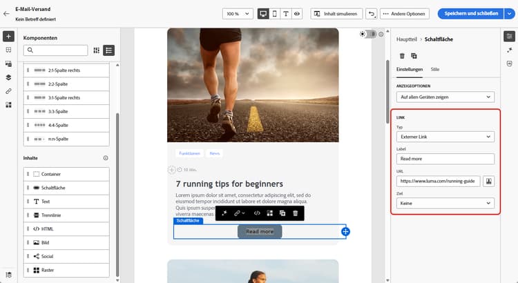 Screenshot der Benutzeroberfläche mit den Einstellungen zum Ändern von Link-Eigenschaften im Nachrichten-Tracking-Tool