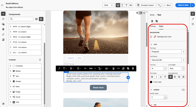 Screenshot mit den Optionen zur Anpassung des Stils im E-Mail-Designer