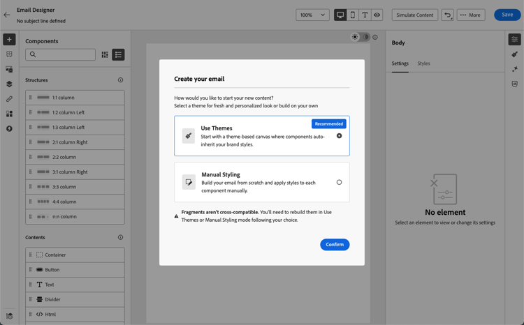 E-Mail-Designer-Startbildschirm mit Verwendungsoptionen für Designs und manuelle Formatierung
