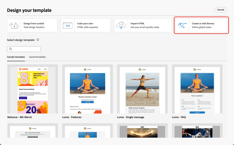 Inhaltsvorlagen-Editor, der die Option Erstellen oder Bearbeiten von Designs anzeigt