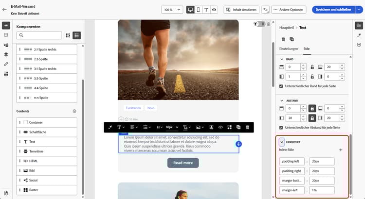 Die Registerkarte „Stile“ mit dem geöffneten Dropdown-Menü „Erweitert“