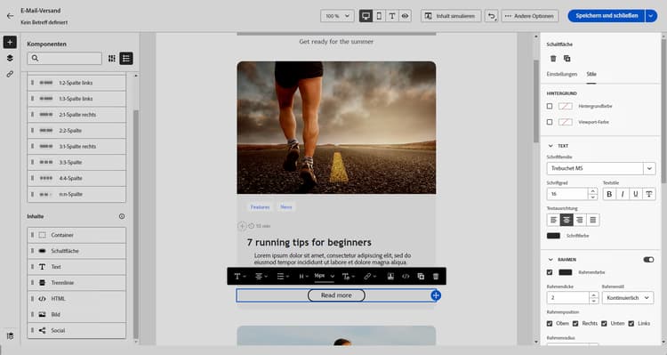 Einstellungsbereich des E-Mail-Designers mit Einstellungen für Inhaltskomponenten