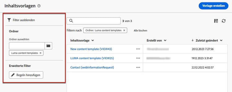 Filter für Inhaltsvorlagenlisten für Ordner und Regeln