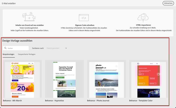 Optionen des E-Mail-Designers zum Erstellen von Vorlagen