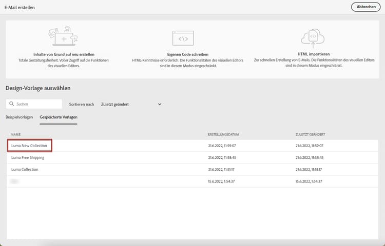 Gespeicherte Vorlage im E-Mail-Designer