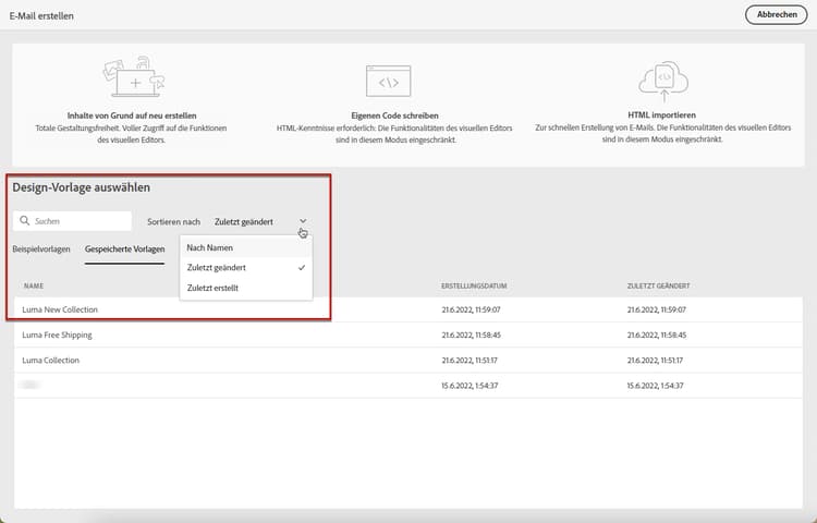 Liste der gespeicherten Vorlagen im E-Mail-Designer