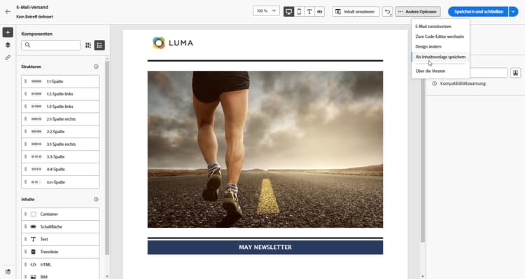 Option „Als Inhaltsvorlage speichern“ im E-Mail-Designer