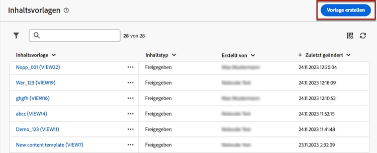 Schaltfläche „Inhaltsvorlage erstellen“ im Dashboard