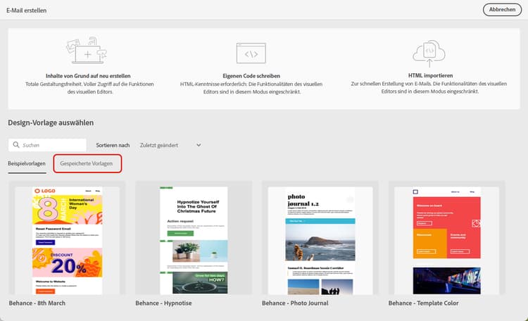Registerkarte mit den gespeicherten Vorlagen im E-Mail-Designer