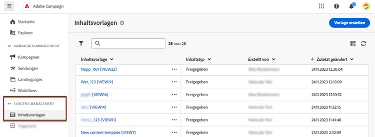 Dashboard „Liste der Inhaltsvorlagen“ mit verfügbaren Vorlagen
