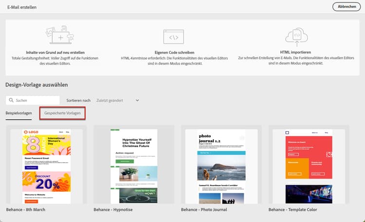 Registerkarte mit den gespeicherten Vorlagen im E-Mail-Designer