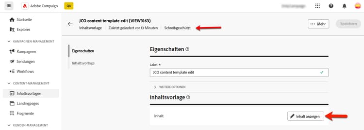 Schreibgeschützter Modus für Inhaltsvorlagen