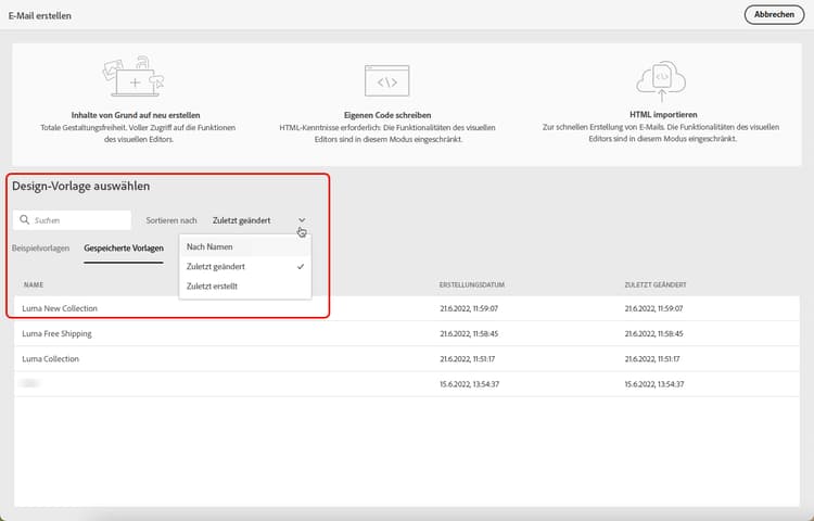 Liste der gespeicherten Vorlagen im E-Mail-Designer
