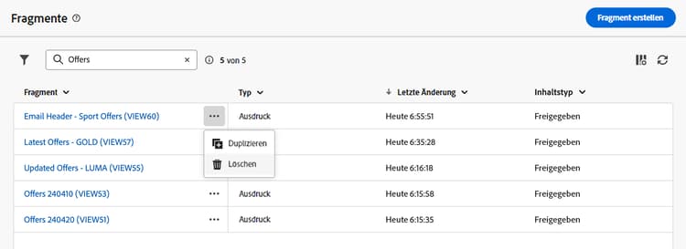 Option „Löschen“ in der Fragmentliste