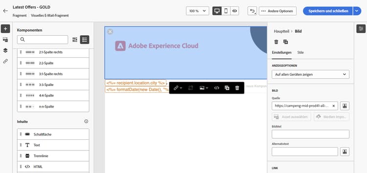 Bildschirm des E-Mail-Designers für visuelle Fragmente