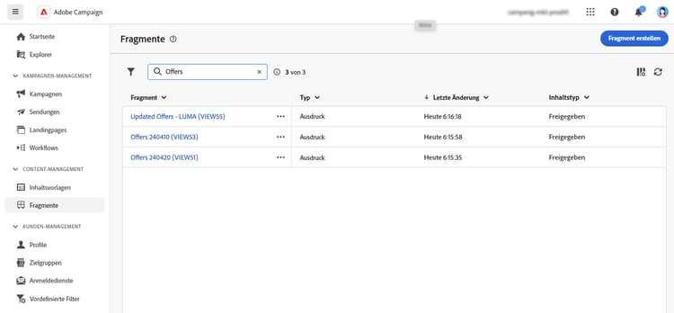 Bildschirm der Fragmentliste mit der Option „Fragment erstellen“