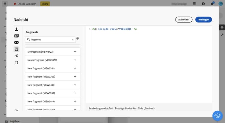 Screenshot, der das Hinzufügen eines Ausdrucksfragments mithilfe des Symbols „+“ zeigt