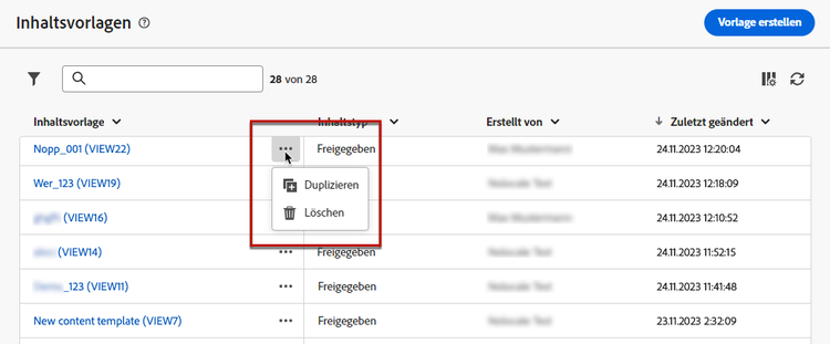 Löschen einer Inhaltsvorlage aus dem Dashboard