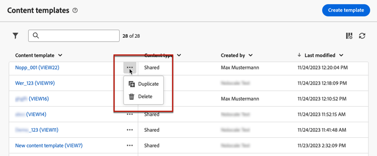 Löschen einer Inhaltsvorlage aus dem Dashboard