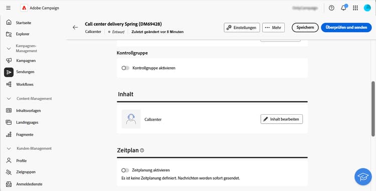 Screenshot der Inhaltsbearbeitung für einen Callcenter-Versand