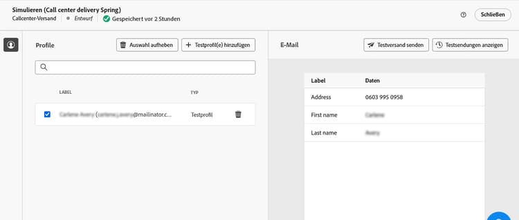 Screenshot mit der Option „Inhalte simulieren“ auf der Seite für den Versandinhalt