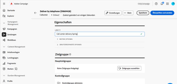 Screenshot der Konfiguration der Eigenschaften für einen Callcenter-Versand