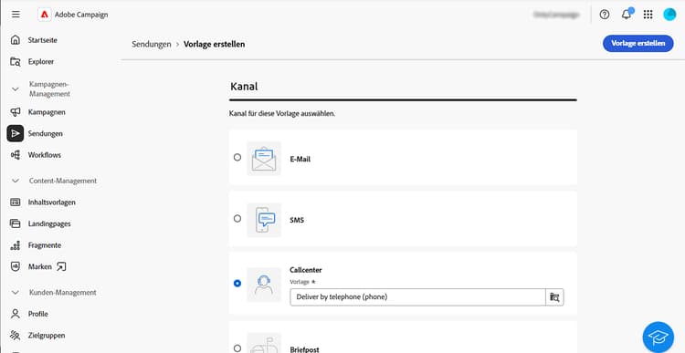 Screenshot der Erstellung eines Callcenter-Versands