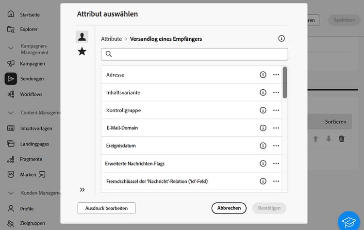 Screenshot mit der Schaltfläche „Attribut hinzufügen“ und Optionen zum Hinzufügen von Attributen zur Extraktionsdatei.