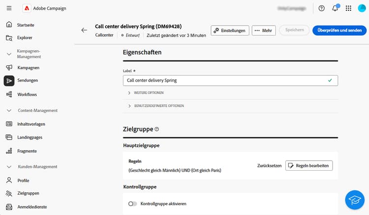 Screenshot der Option „Überprüfen und senden“ auf der Versandseite