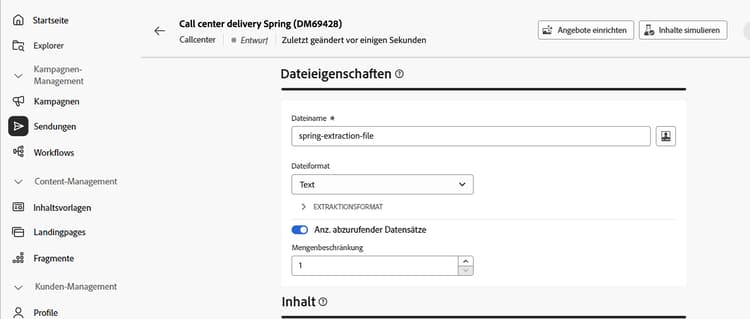 Screenshot mit der Option „Inhalte simulieren“ auf der Seite für den Versandinhalt