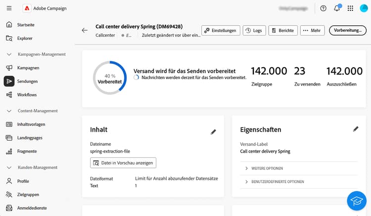 Screenshot mit der Option „Vorbereiten“ und dem Menü „Logs“