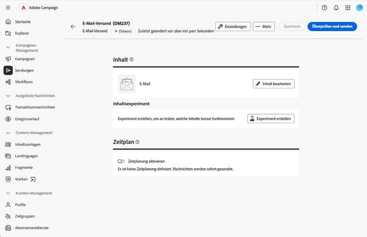 Screenshot der Schaltfläche „Versand erstellen“ in den E-Mail-Eigenschaften