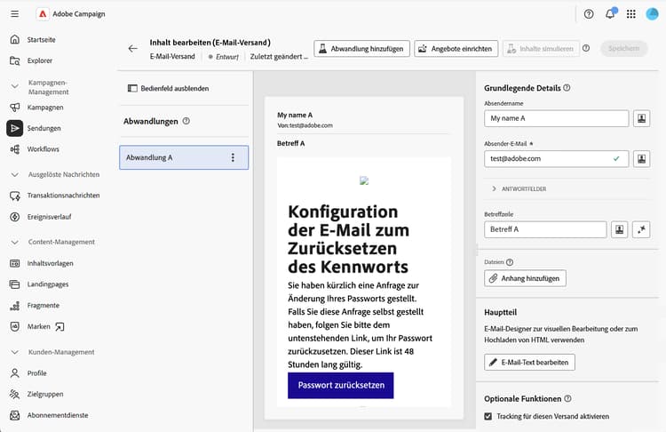 Screenshot des Panels für Inhaltsexperimente