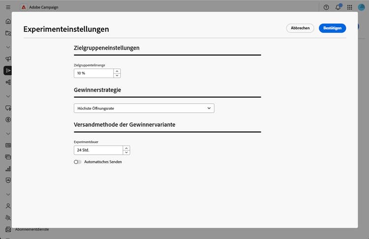 Screenshot der Schaltfläche „Experimenteinstellungen“